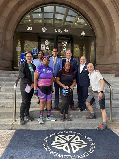 Congressman Morelle stands with local leaders and members of Reconnect Rochester at their Rally for the Bike Spine.