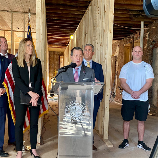 Rep. Morelle speaks at an ARPA press conference for the Veterans Outreach Center