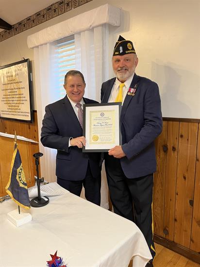 Congressman Morelle presents a certificate of congressional recognition to the American Legion Post 954