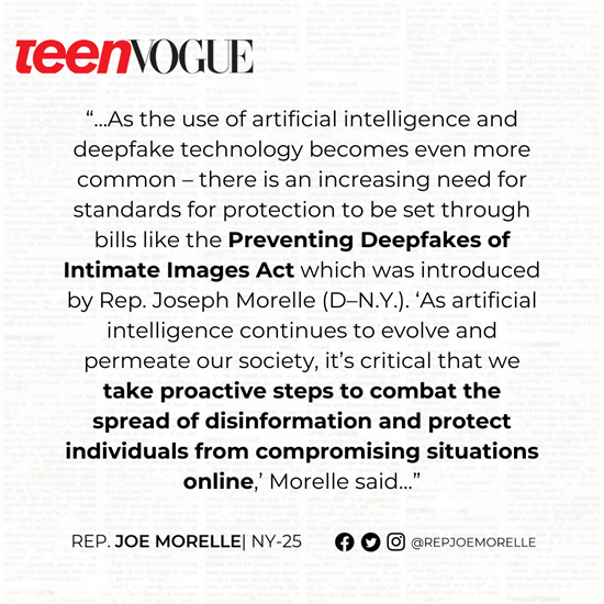 A graphic featuring a quote of Rep. Morelle's in a TeenVogue article on deepfakes