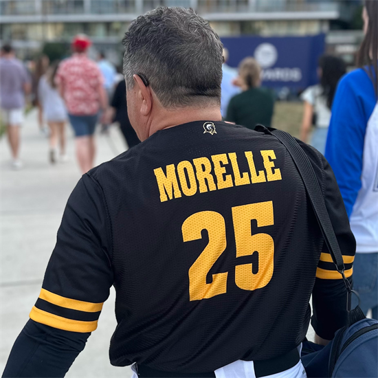 A close-up of the back of Rep. Morelle's jersey from the Congressional Baseball Game