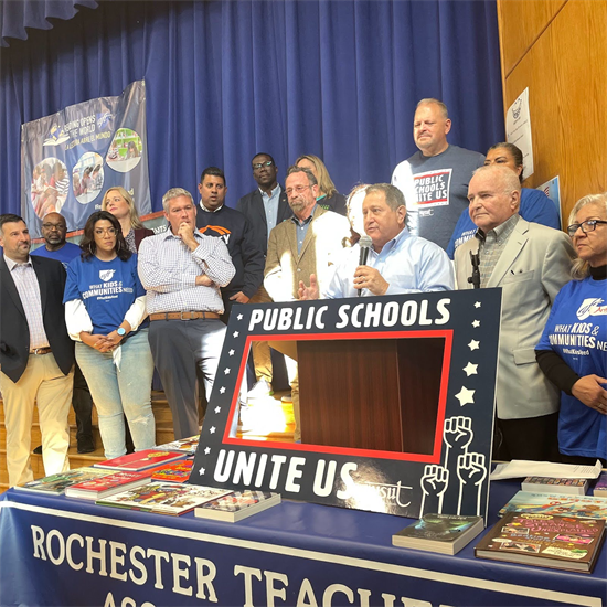 Rep. Morelle speaks at the American Federation of Teachers' Book Giveaway