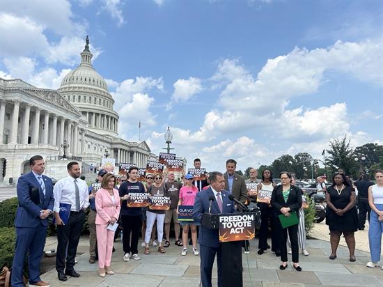 Congressman Morelle speaks at a press conference for the Freedom to Vote Act.