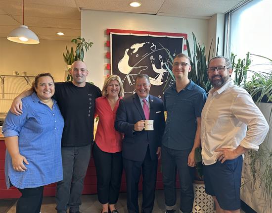 Congressman Morelle poses with leadership at Joe Bean Coffee Roasters