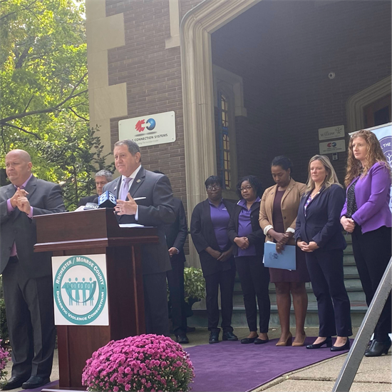 Rep. Morelle speaks at a press conference at the Willow Center