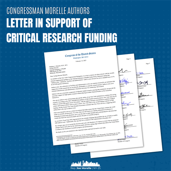 Congressman Morelle authors letter in support of critical research funding