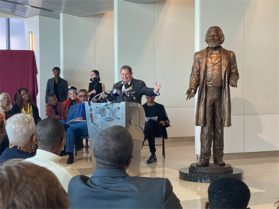 Rep. Morelle speaks at the unveiling of the Frederick Douglass statue at the Rochester airport